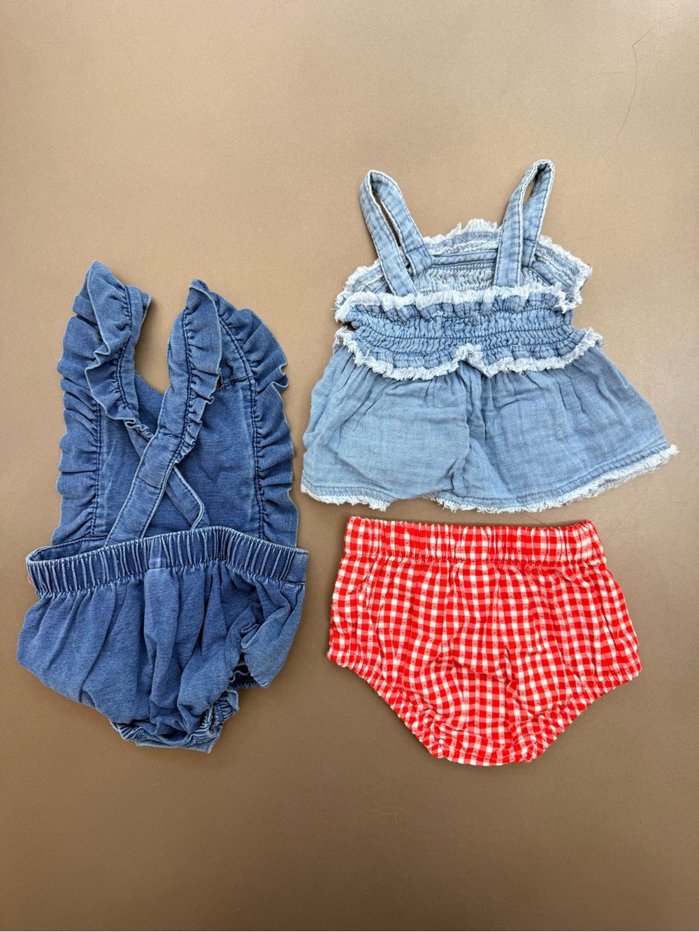 Kids Blue Denim Romper & Top Set with Red Gingham Bloomers - Size 3m - Picture 2 of 2